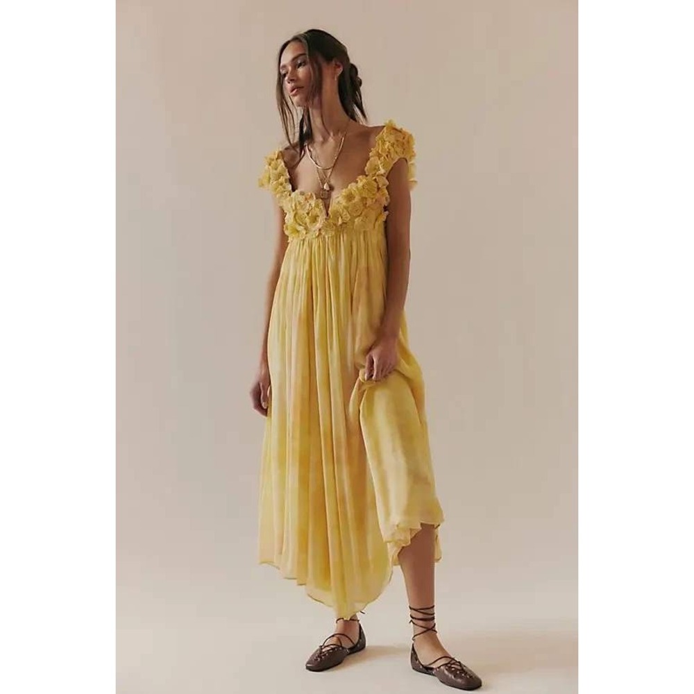 Free People Mango Mambo Maxi Dress Large Yellow Fairy Regency Romantic MSRP $400